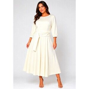 FENJAR Ivory Cream Midi Dress 3/4 Sleeve Tie Waist Fit & Flare NWT
